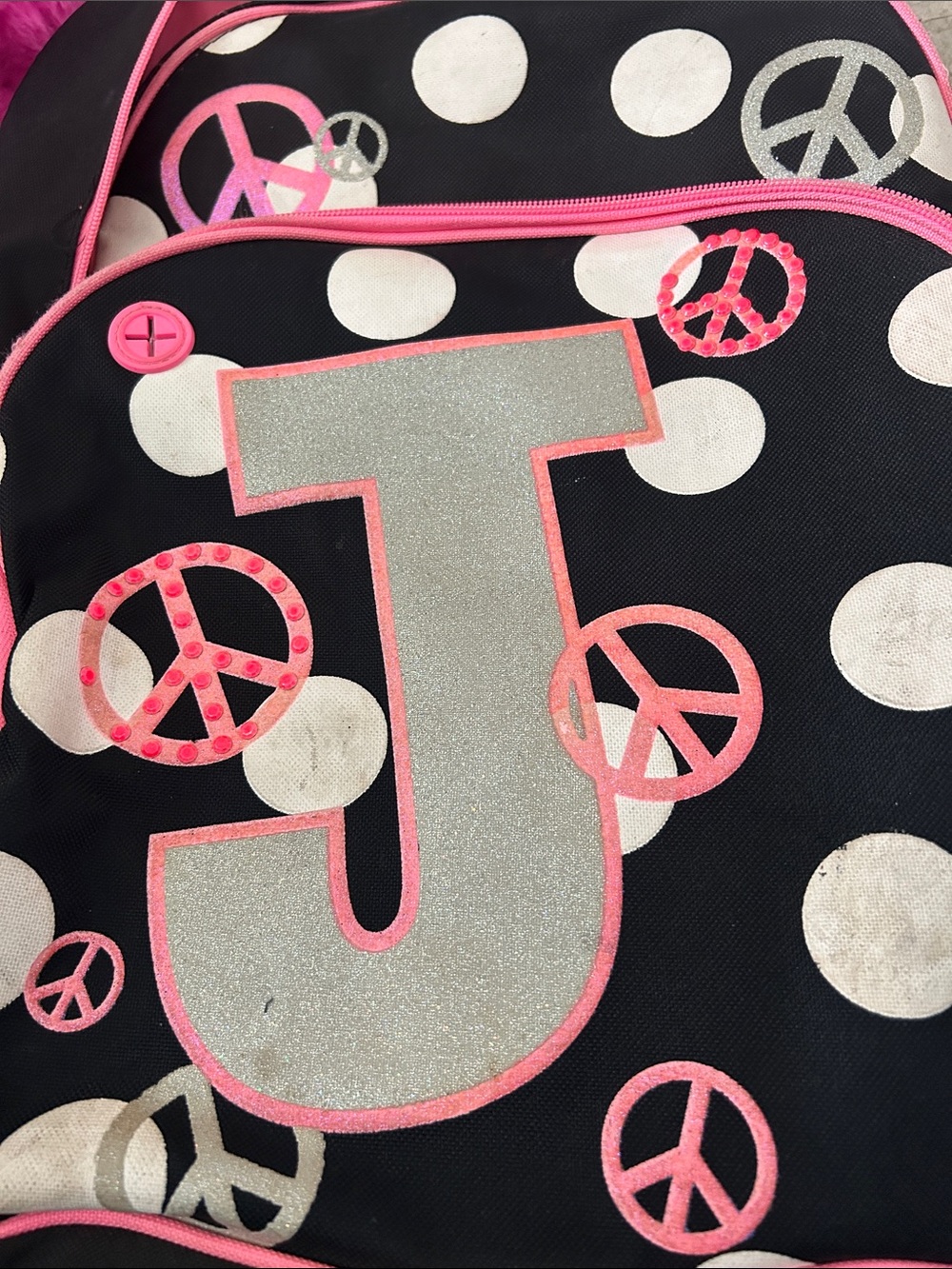 ☮️Justice Backpack - Black & Pink Polka Dots with Glitter J ☮️ - Picture 13 of 14